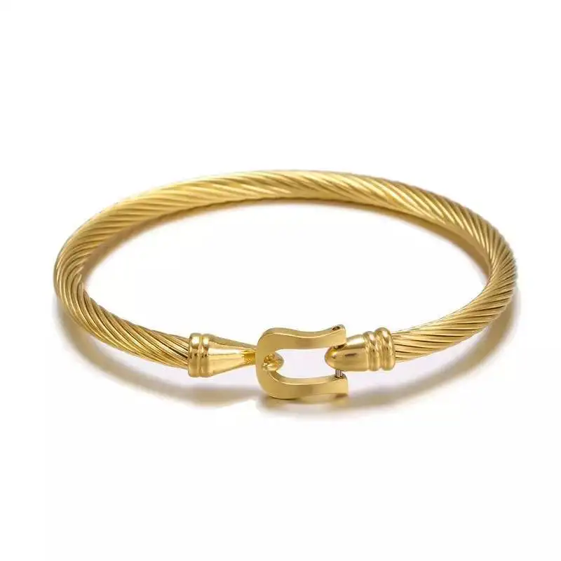 Chunky Twisted Cable Wire Bangles Bracelets Fashion Gold Horseshoe Clasp Belt Buckle Stainless Steel Men Bangle