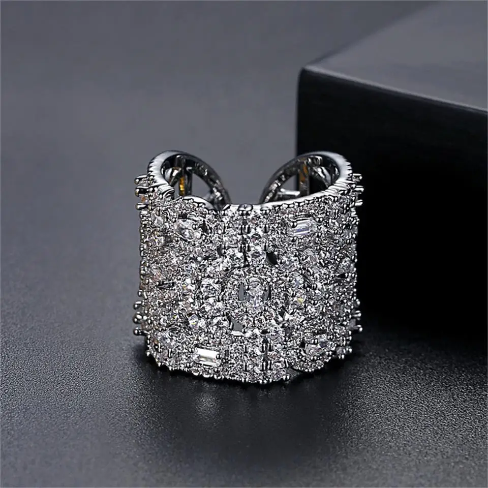 Fashionable Most Popular 18K Brass Elegant Engagement Platinum Plated Boho Style Zircon Ring Hollow Geometric Open Pattern Ring