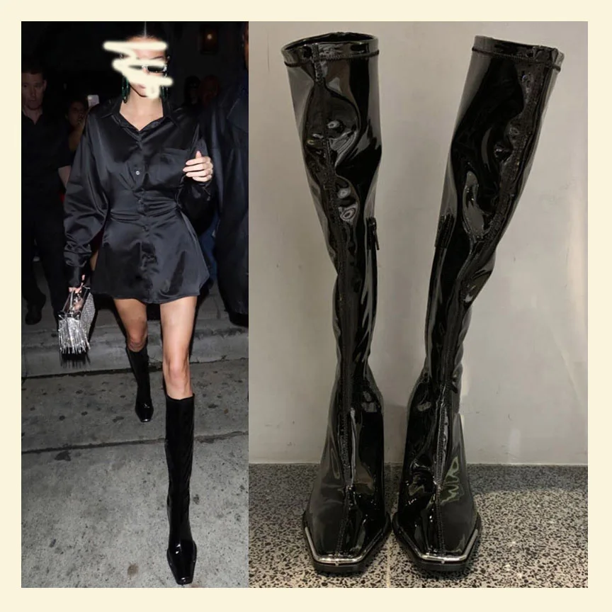 Sexy Metal Zipper Knee-High Pointed Toe Glossy 2021 Fashion Solid Square duck luxury high for women boots