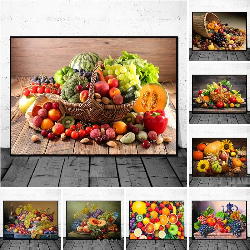 Nordic Vegetables And Fruits In Basket Poster Canvas Painting Colorful Food Wall Art For Dining Room Kitchen Decoration