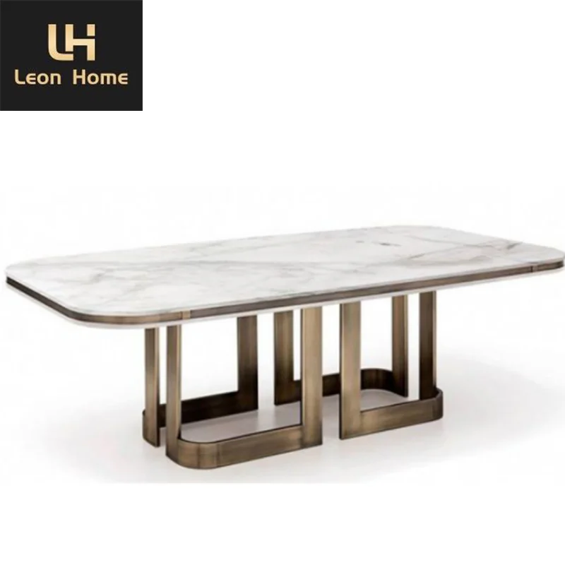 Hot selling luxury design italian dining room table set marble top with brushed brass price