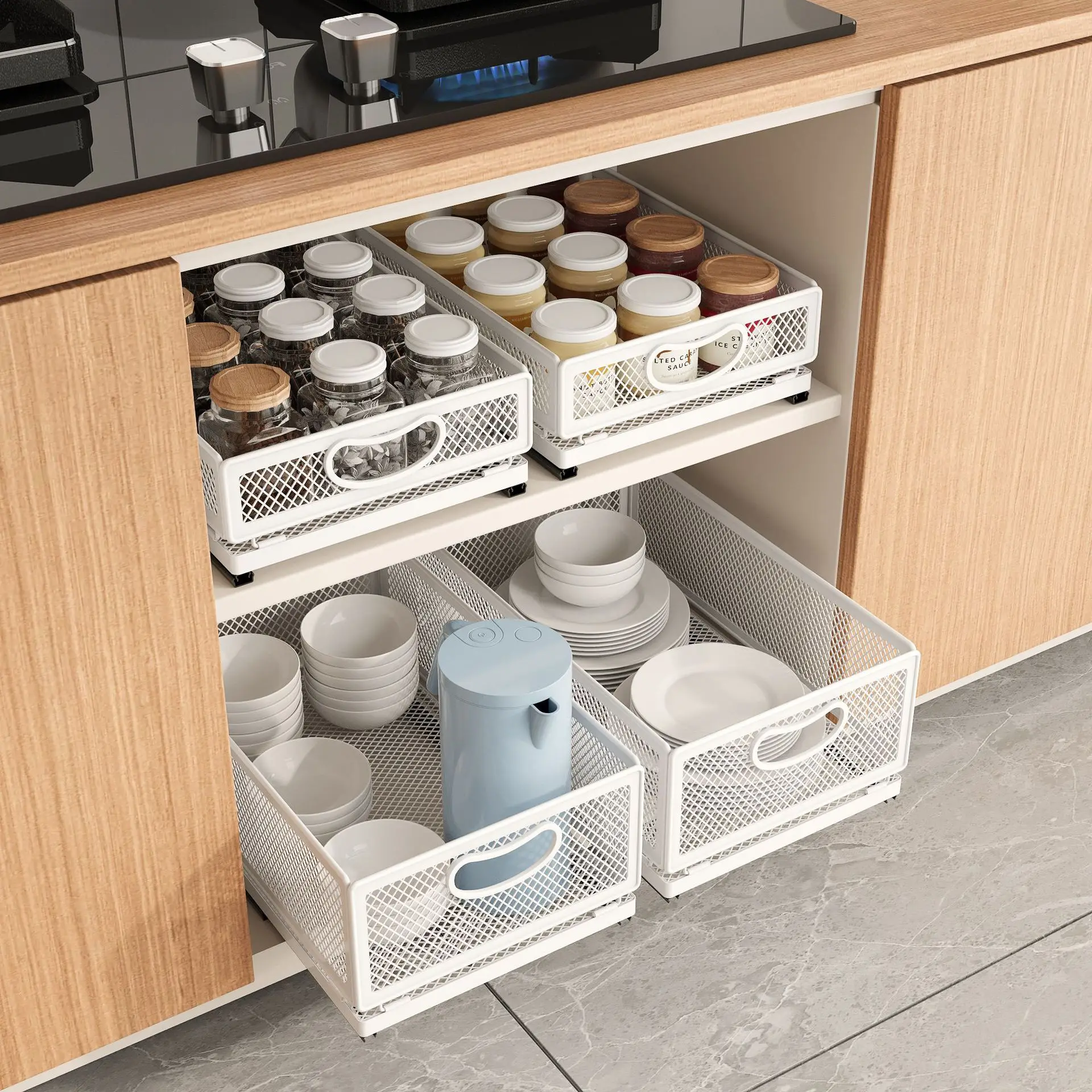 OWNSWING Slide Out Cabinet Drawer Pull Out Wire Basket Cabinet Organizer Heavy Duty Anti Rust Slide Drawers for Kitchen Cabinets