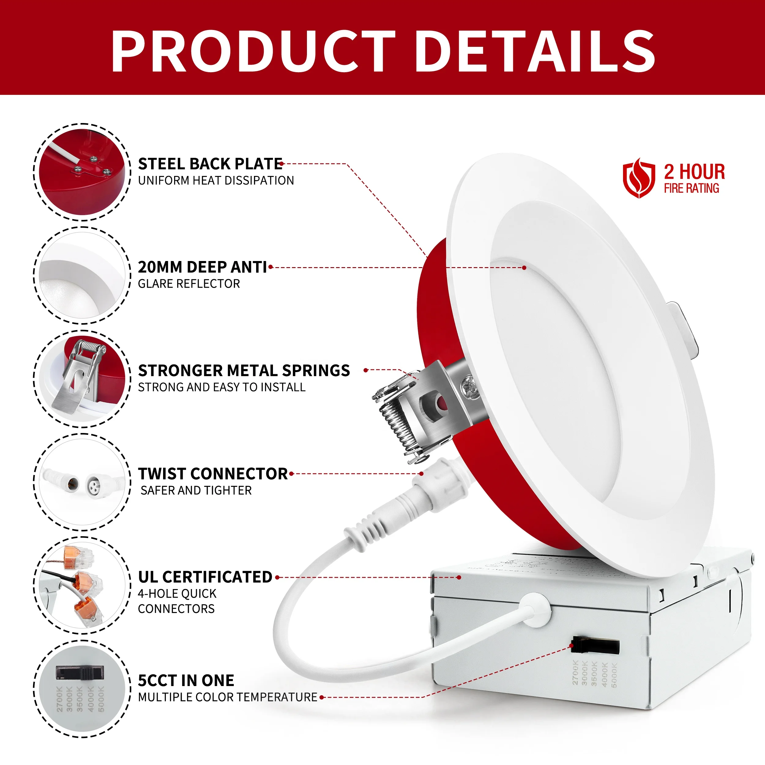 LANBOT ETL 2 Hours Fire Rated 4 inch Round Square Recessed Regressed LED Downlight LED Panel Light For USA market
