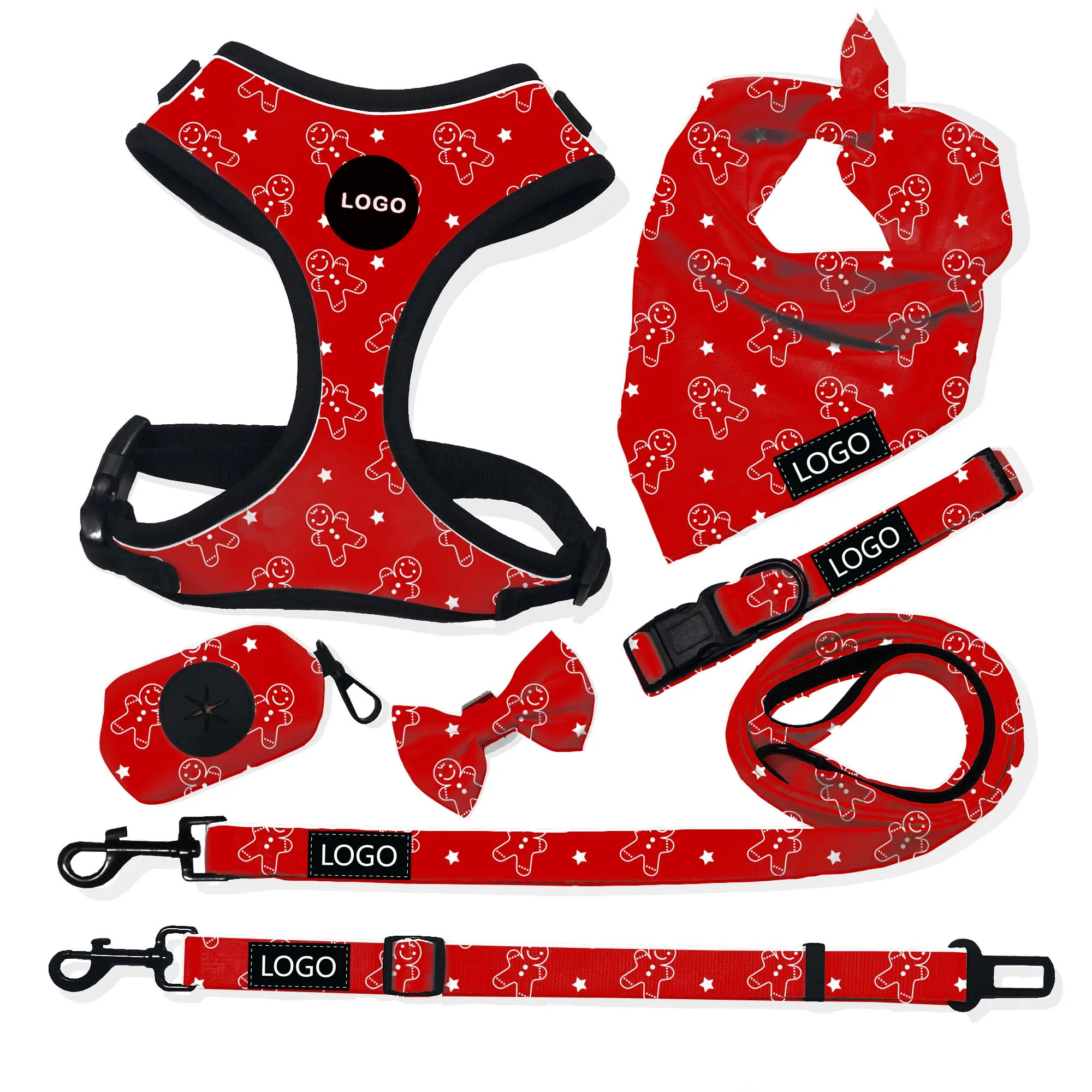 Wholesale Dog Walk Neoprene Dog Harness Set Breathable Mesh Soft Padded Dogs Chest with D Rings Pet Accessories Christmas Custom