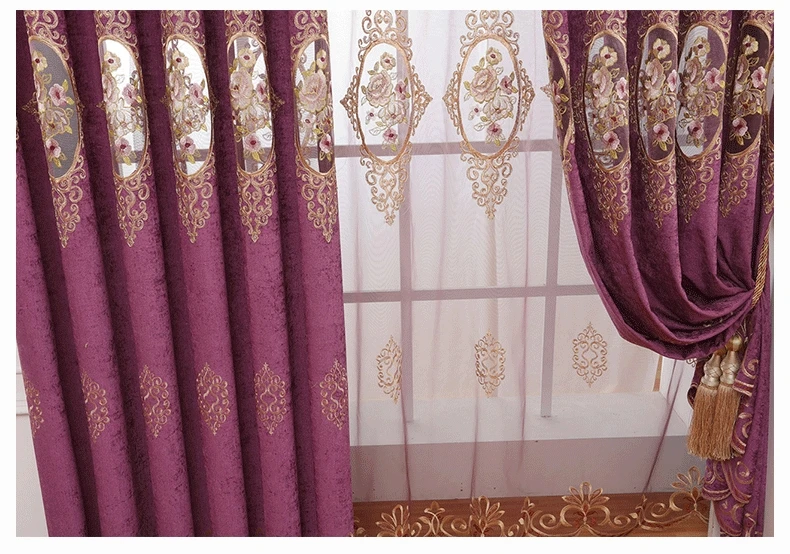 European style chenille hollow embroidered luxury purple curtain