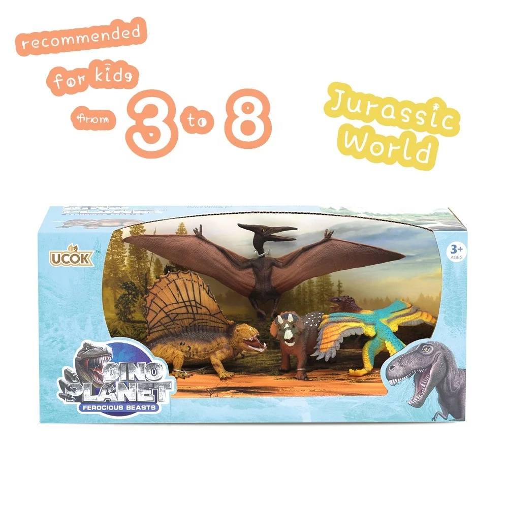 
4-Pieces Dinosaur Playset, Plastic Toy Animal Figurine Children gift home decorate with window box 