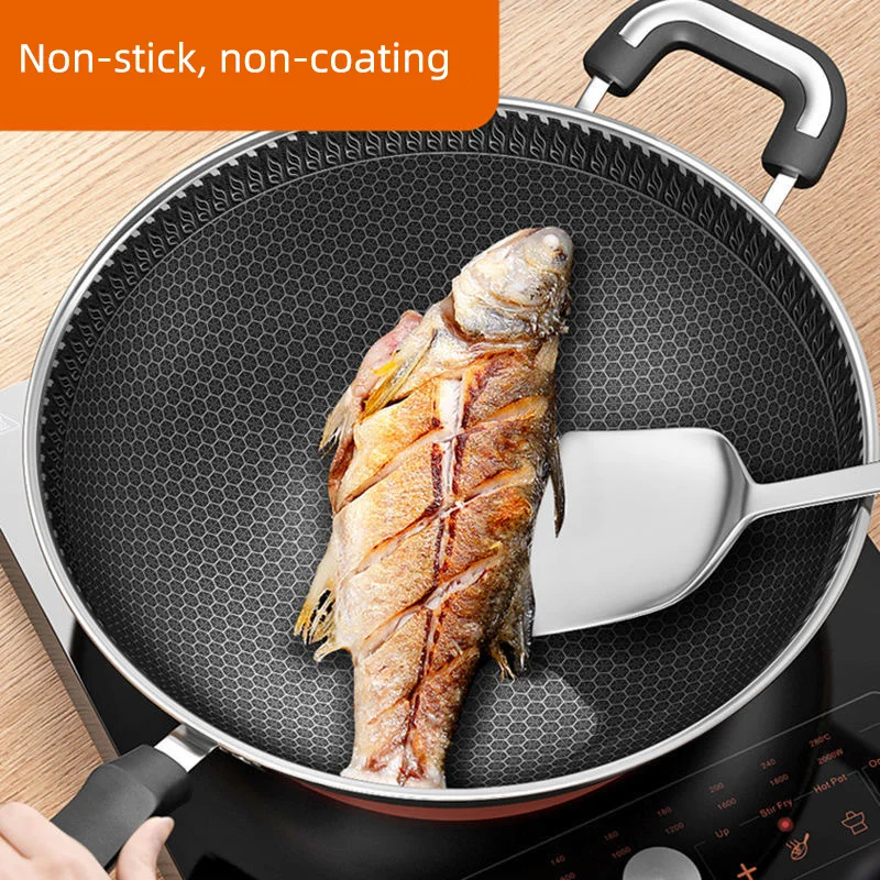Wholesale nonstick coating fry pan cooking wok honeycomb household cooking wok stainless steel pan with glass lid