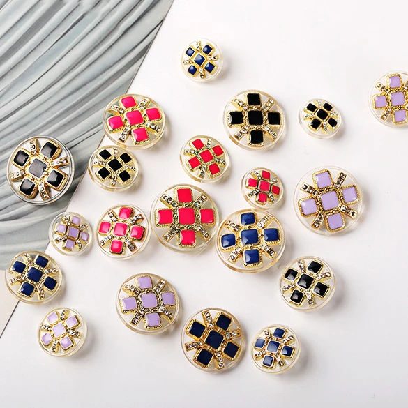 Sewing Round Shiny Rhinestone Resin Metal Shank Buttons For Clothes