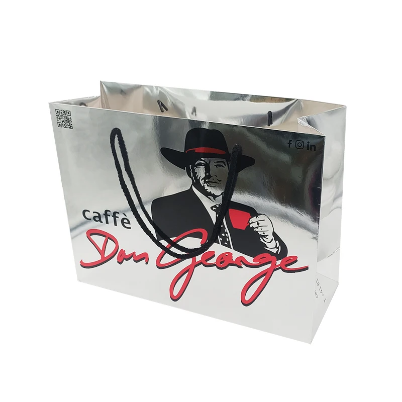 Recyclable luxury sliver shoes clothes packaging paper bags printed custom logo clothing shopping gift coffee wine paper bag