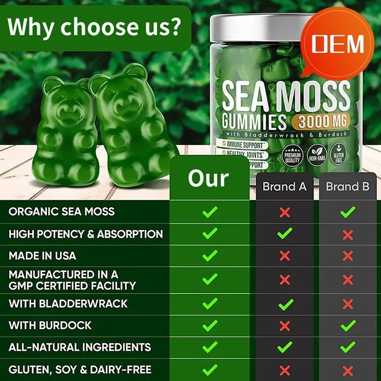 Hot Sale EMO Improve Immune Energy Vegan Organic Vitamin Minerals Detox  Seamoss With Bladderwrack Burdock Sea Moss Gummies