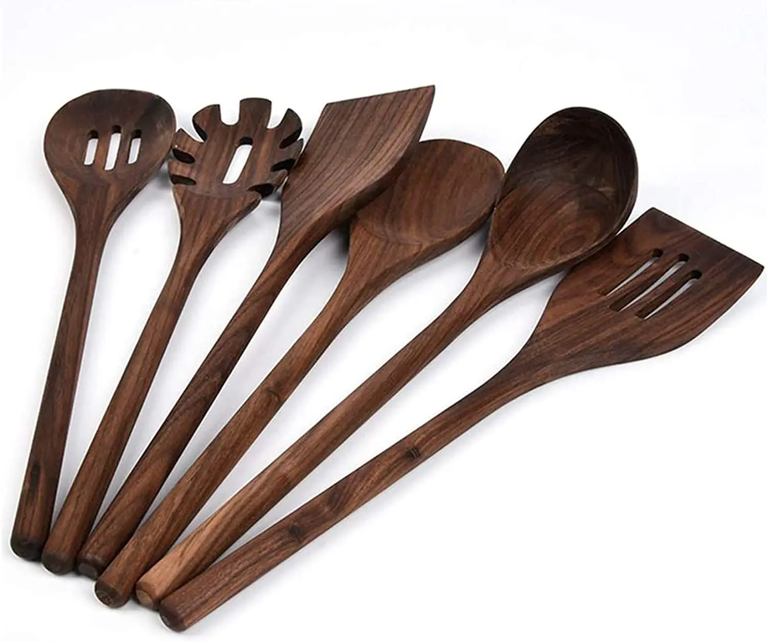 6 PCS Wooden Kitchen Utensils Set, Black Walnut Wood Long Handle Spoons and Spatula Set for Cooking