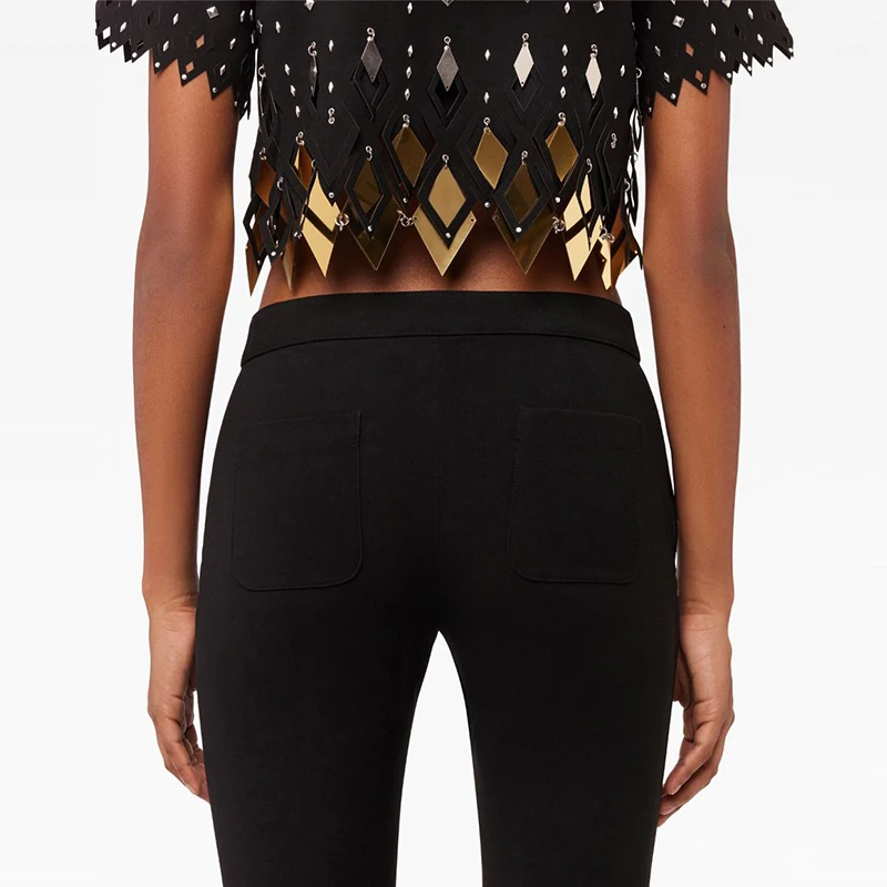 Innovative Designs Custom Rhinestone Sequin Fringe Ladies Top Hanging-details Cropped T-shirt With Metallic Hanging Pieces