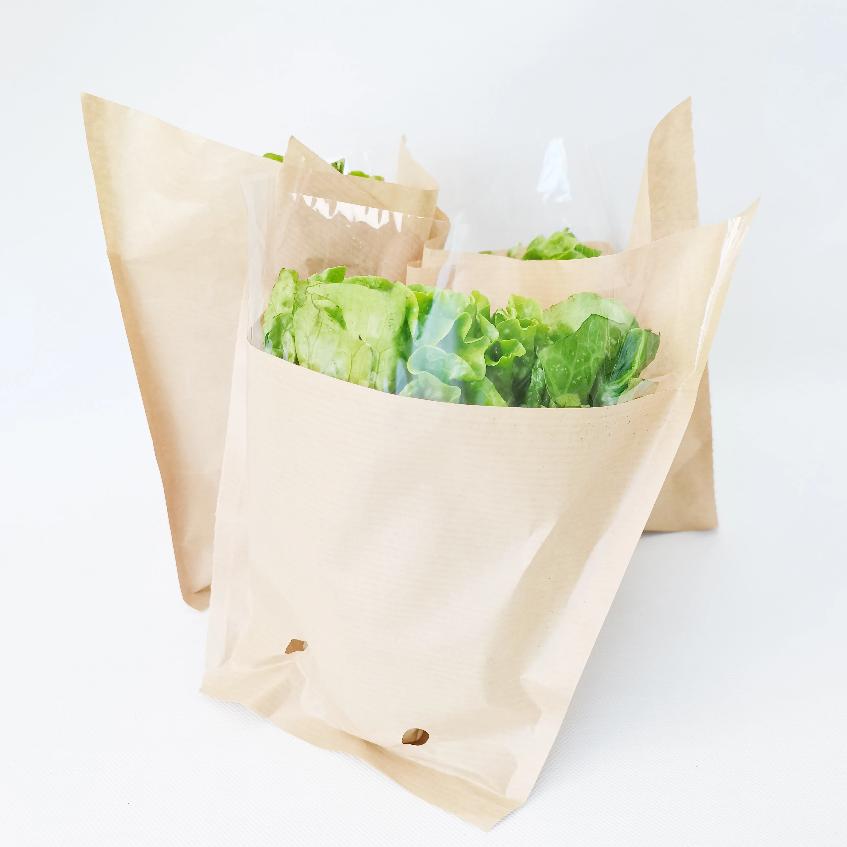 Custom Clear Plastic Cool Fresh Vegetable Living Lettuce Basil Fresh Herb Recyclable BOPP+Kraft Paper Wicket Cone Bag  Food  Pac