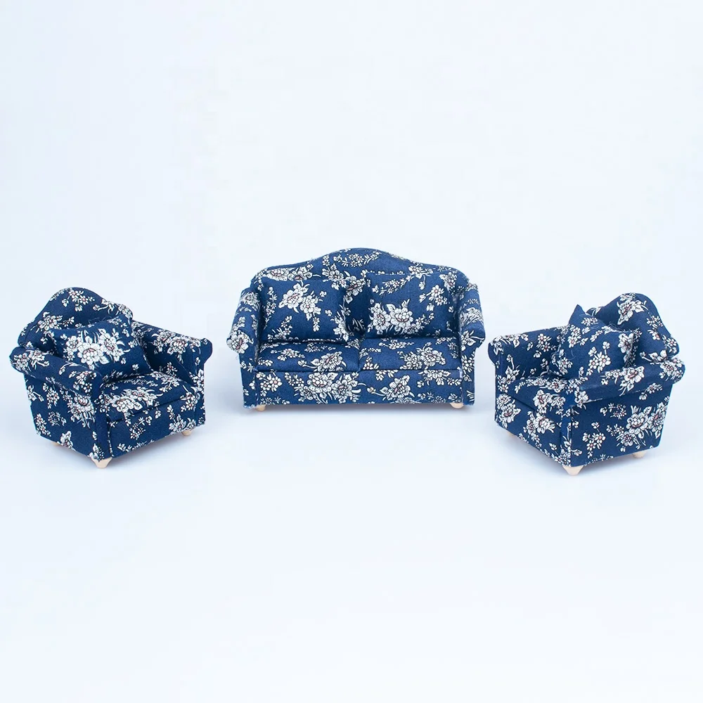 1/12 Miniatures Doll House Furnishings 3Pcs Sofa Kit with Pillow Miniature Toys Couch Chairs for Living Room