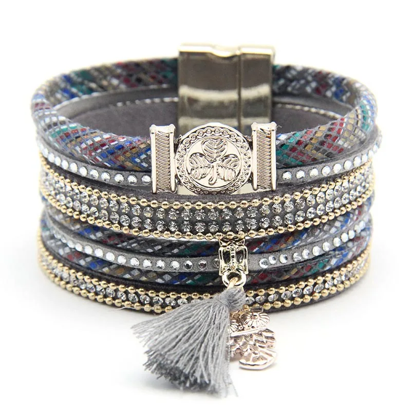 Boho Style Jewelry Owl Charm Multi-layers Leather Women Bracelet with Magnetic Clasp Cuff PU Bracelets