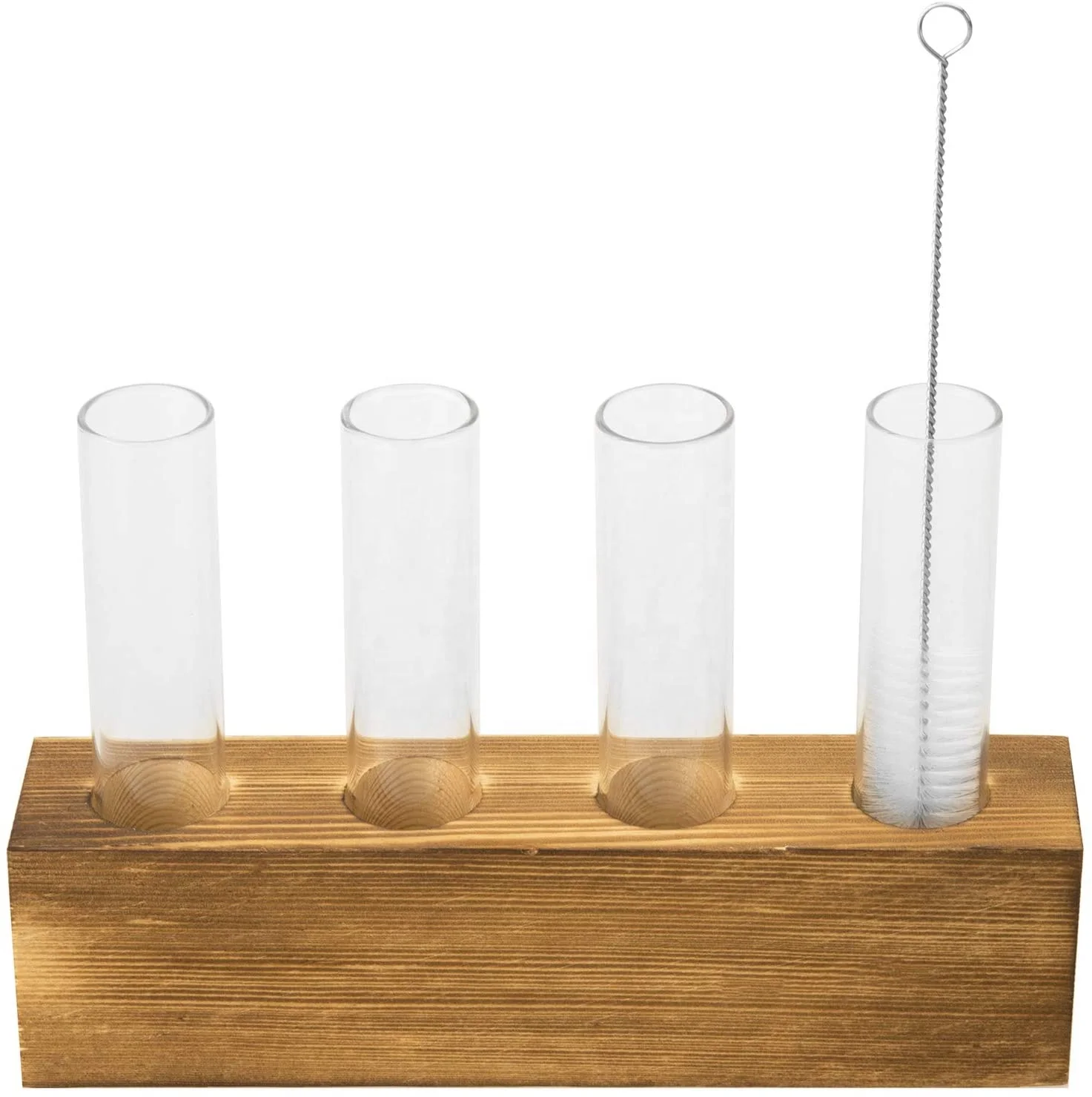 Glass test tube water plant flower vase with rustic brown wooden block base