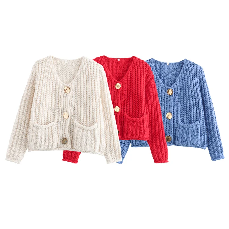 2024 Autumn/Winter Fashion Round Neck Coarse Needle Short Coat women solid color knitted cardigan sweater