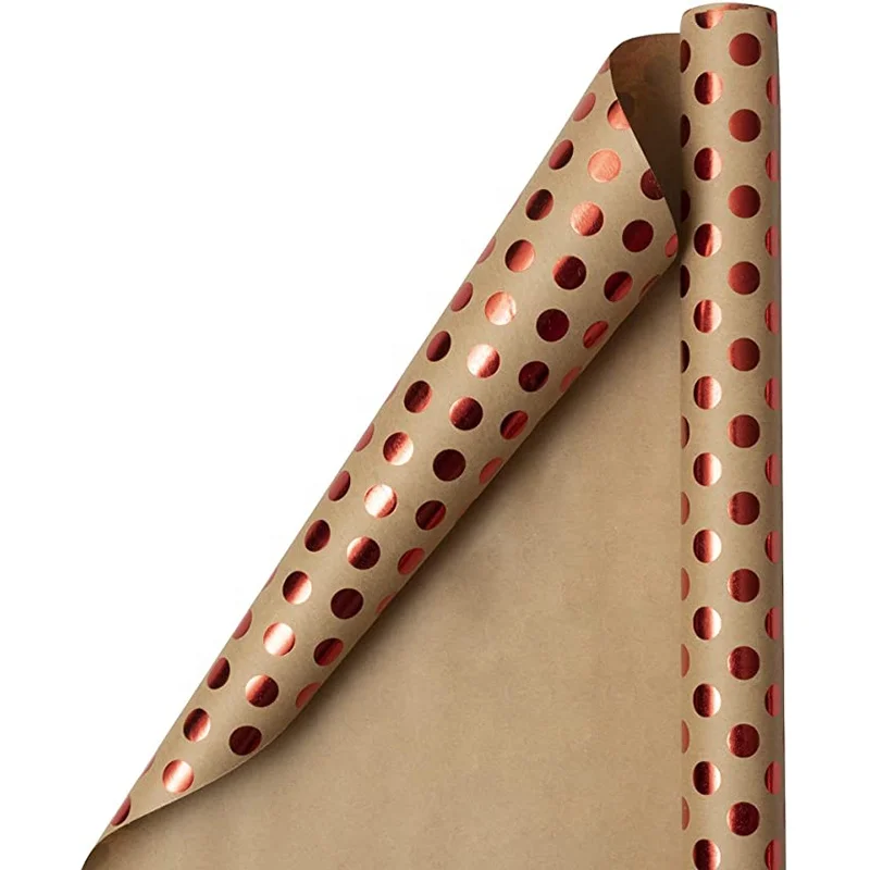 PAPER Gift Wrap - Kraft Wrapping Paper - 25 Sq Ft - Red Foil Polka Dots on Brown Kraft Paper - Roll Sold Individually