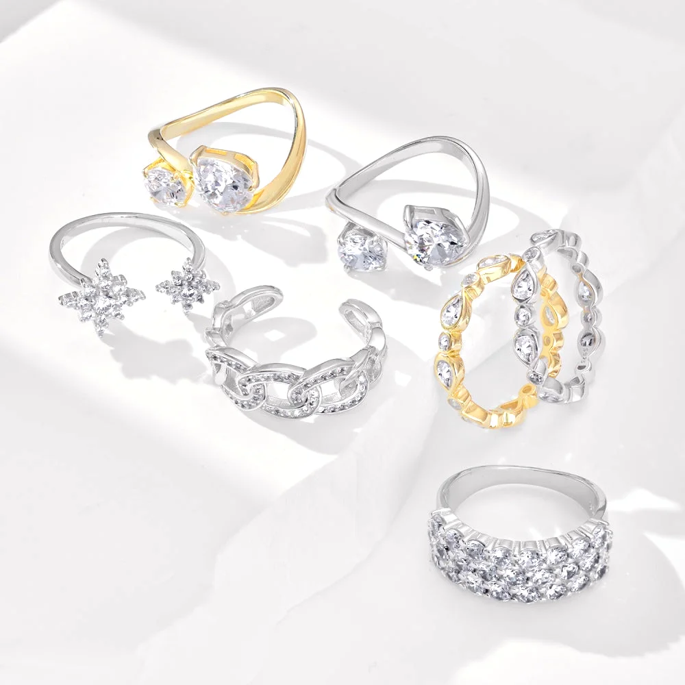 Solid S925 Silver 18K Gold Plated Curve Round & Pear Two Stone Engagement Ring