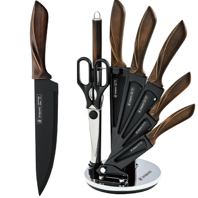 Набор высококачественных черных кухонных ножей, комплект из 8 предметов, медная металлическая ручка, шеф-повар, с акриловой подставкой