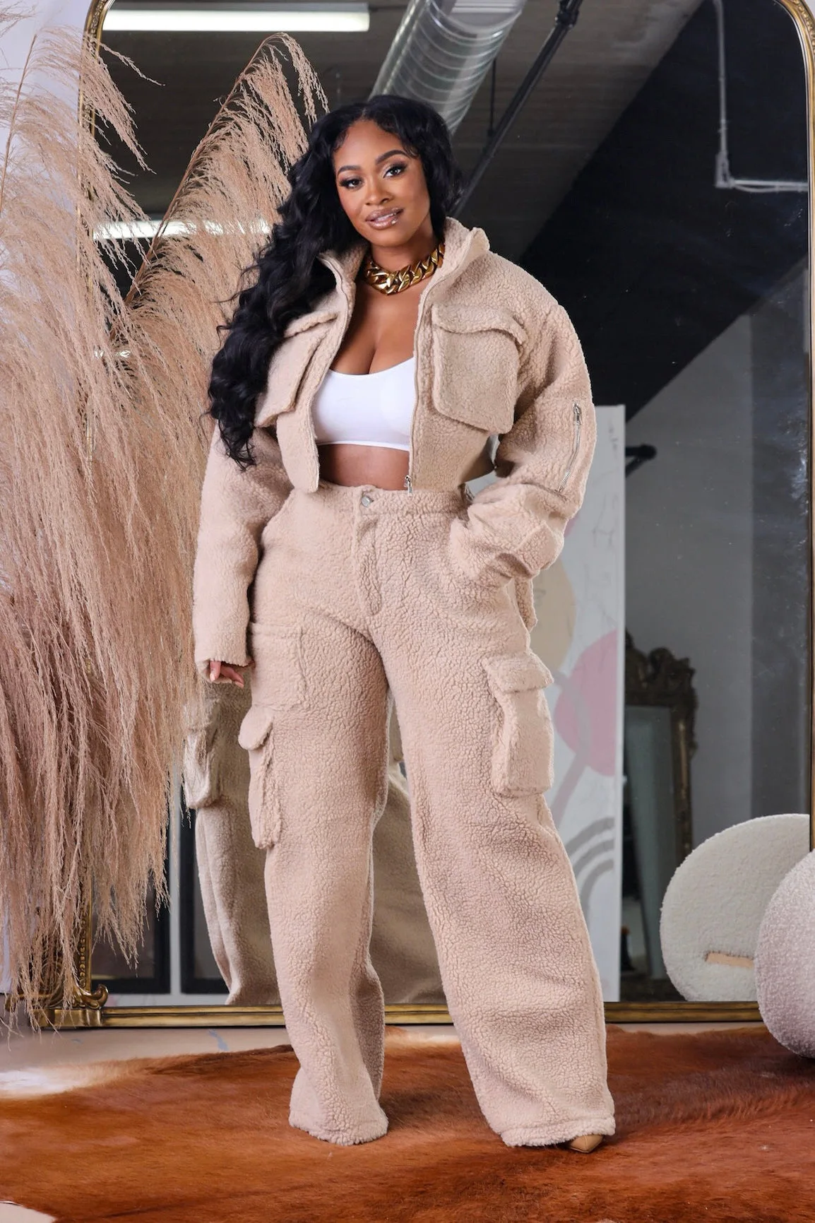 2024 Fall Winter Fashion Women Clothing Zip Up Jacket+ Pocket Cargo Pants Set Solid Color Womens Fleece Two Piece Set