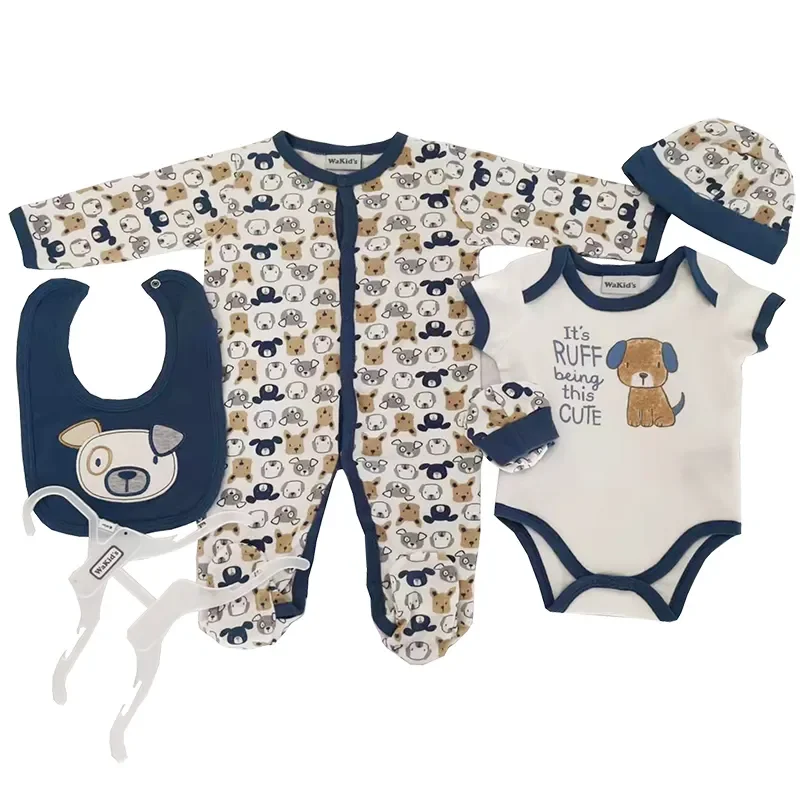 High end interlock 100% cotton 5 pieces all season breathable kids boy clothing set baby clothes set
