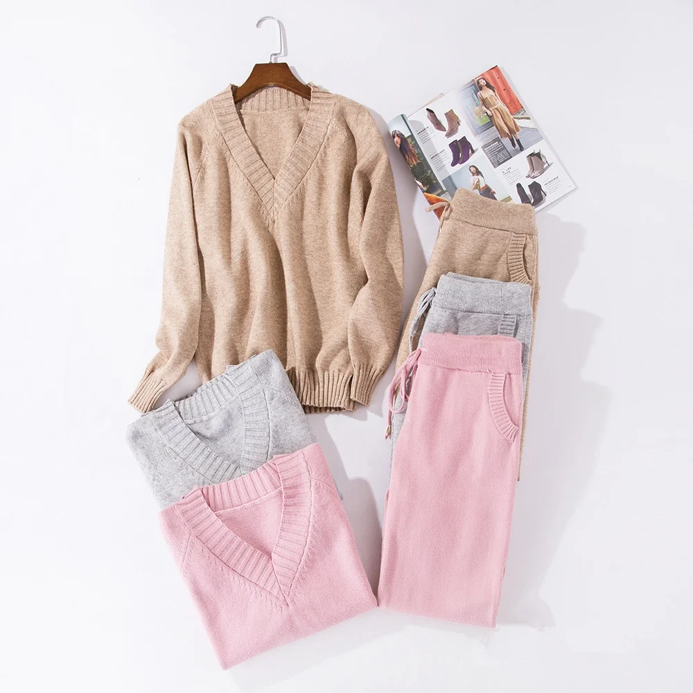 
B23248A Women stylish Knitted V neck sets sweater trousers clothing set 