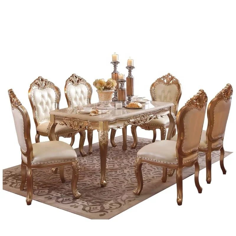 CBMmart Classic Luxury Gold Dinning Wooden Table Set 6 Chairs And Gold Coated Solid Wood Frame