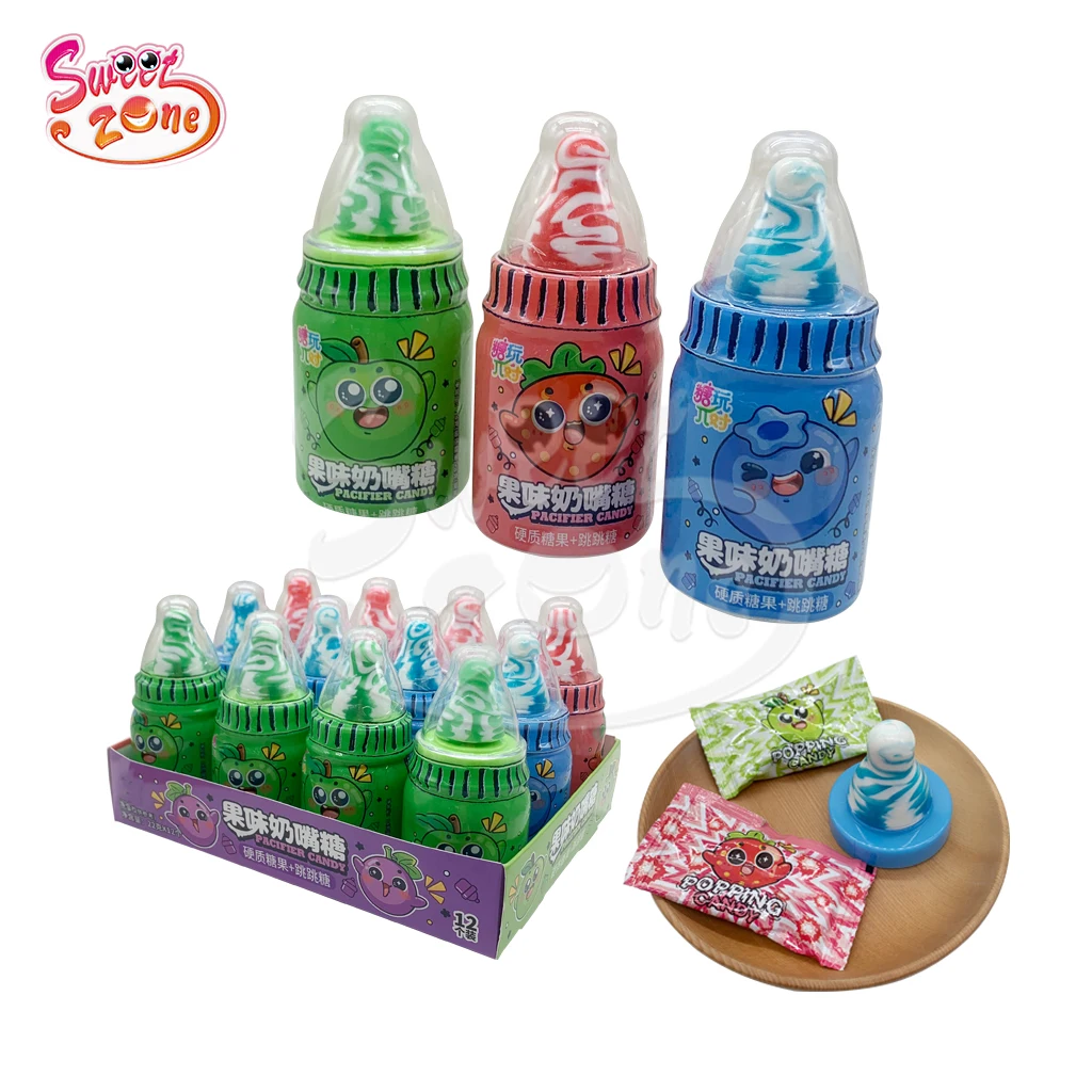 Wholesale oem plastic milk bottle shape nipple hard candy with popping candy