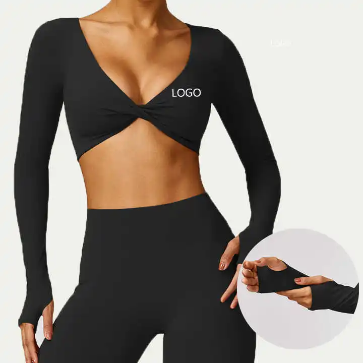 New Arrived Sexy Athletic Cross Twist Front Workout Gym Sports Wear Fitness Running Yoga Long Sleeve Active Crop Top for Women