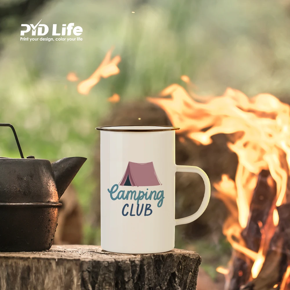 PYD Life Newest 15oz 450ml White Tall Skinny Metal Steel Camping Sublimation Enamel Mug with Black Rim