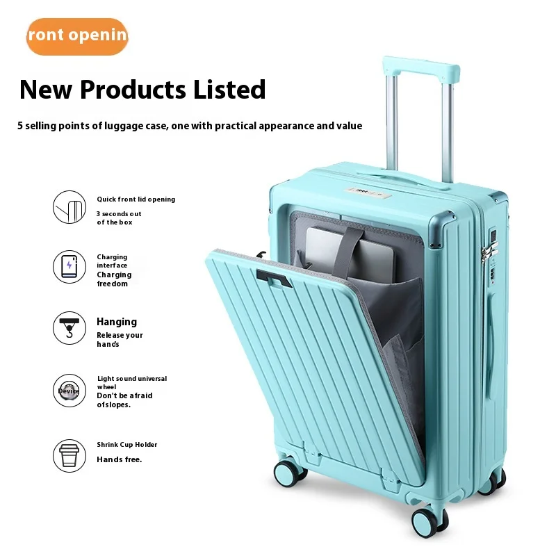 2024 Hot selling front open luggage with moving and cup holder luggage 20-inch boarding trolley case wholesale travel bag