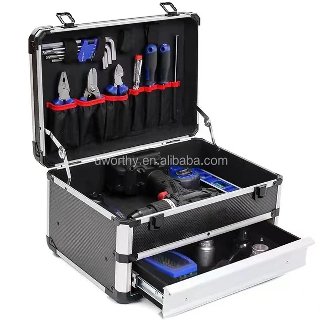 Factory Cheap Wholesale 15' Customized Foam Inside Double Layers Aluminum Storage Case Tool Box with Drawer Handle and Wheels