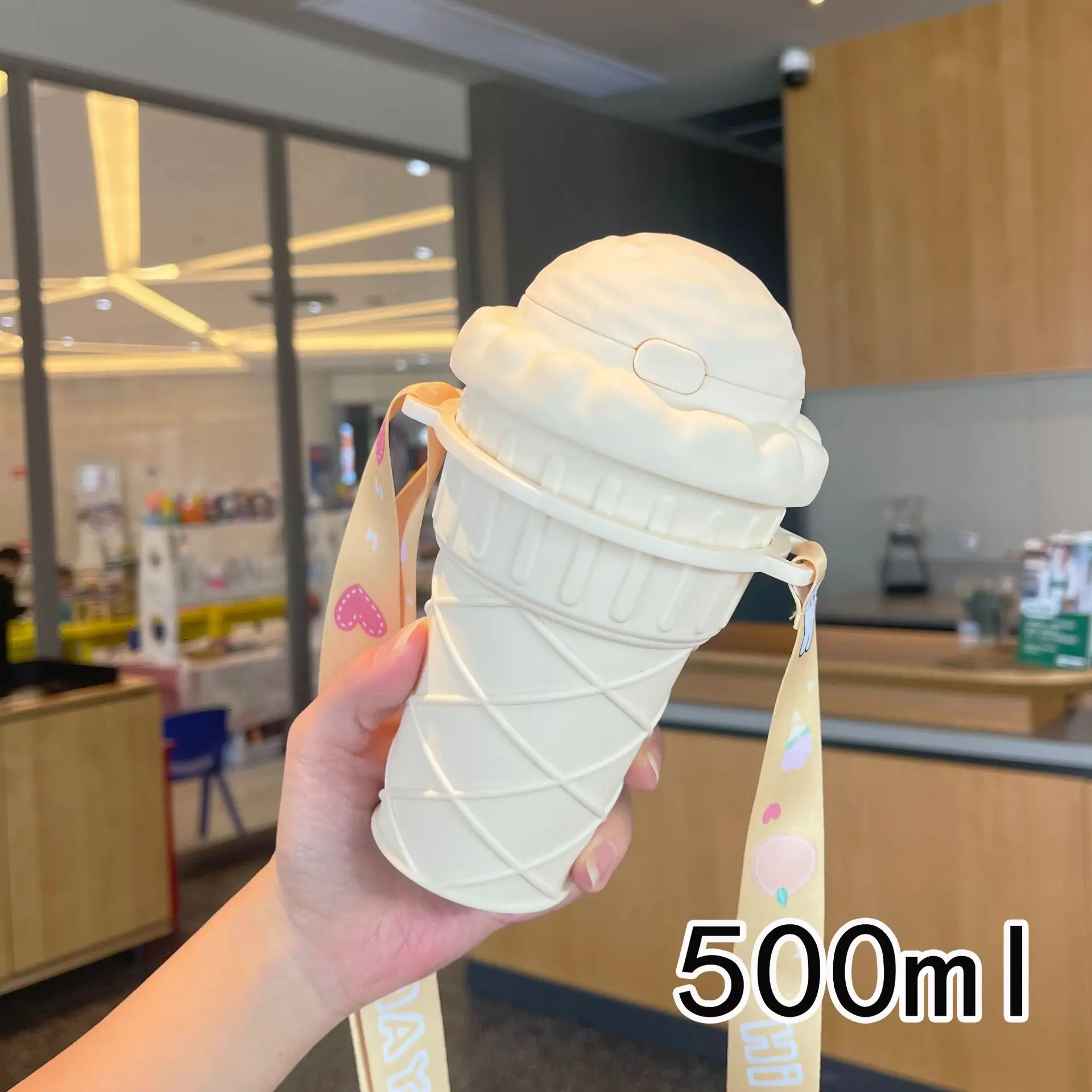 High appearance level creative ice cream shape cup portable student kids strap 500ml bpa-free plastic water bottle with straw