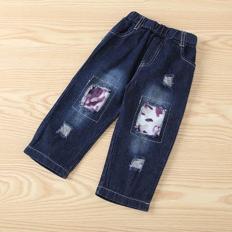 Hot Selling Girls Cartoon Printing Halloween Children Hole Jeans Two Piece Kids Clothes Set