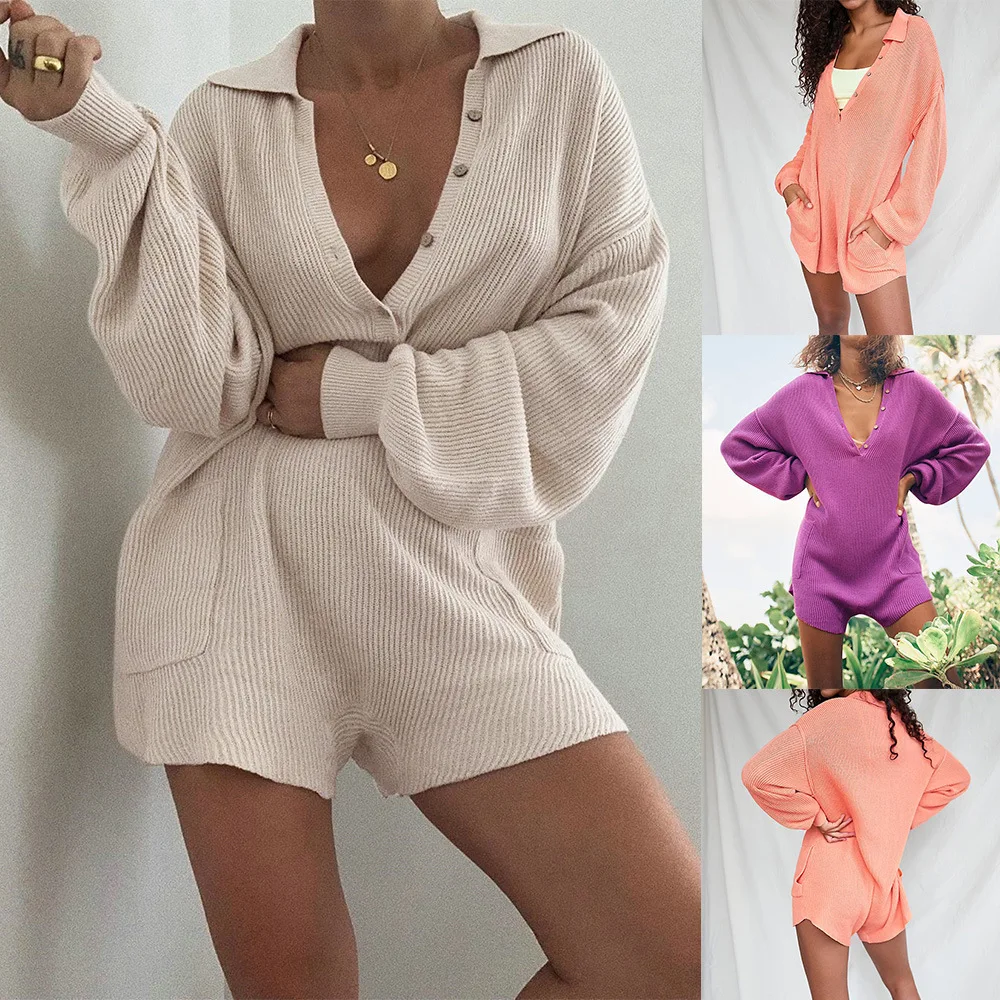 
Wholesale Woman Ribbed Loungewear Nighty Deep V Loose Adult Onsie Pajamas Nightwear Onesie Comfortable Loungewear With Pocket 