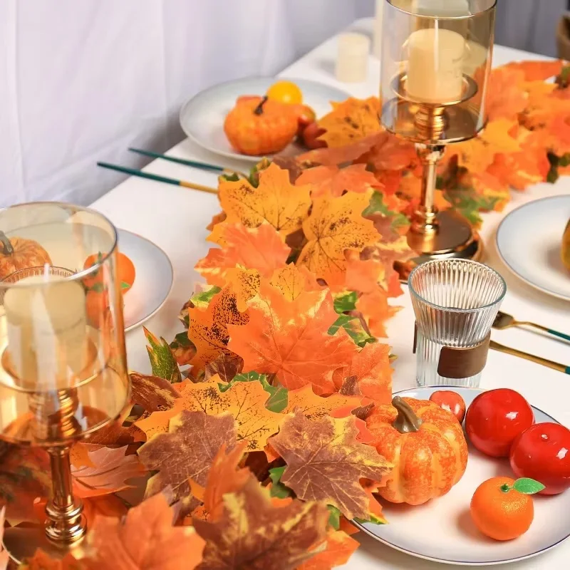 Artificial Autumn Maple Leaves Garland Vine Hanging Plant for Thanksgiving Halloween Fireplace Decoration Christmas Home Decor