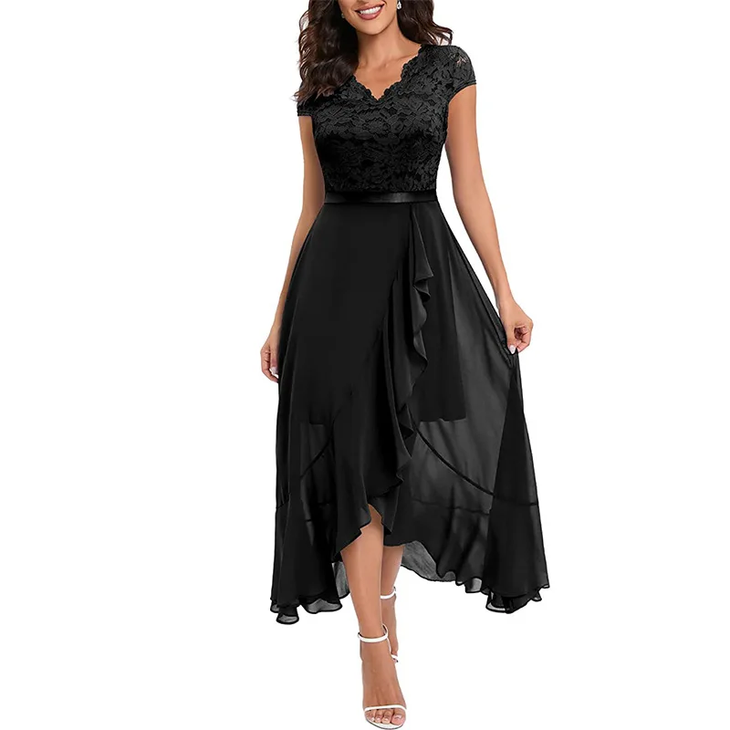 Factory Direct Sales Fashion Party Dress V-Neck Solid Color Short Sleeve Lace Mesh Long Dress