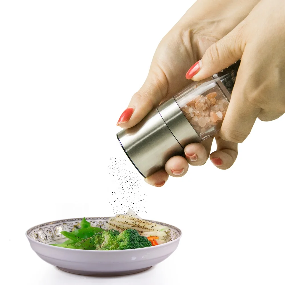 Low MOQ 2021 New Mini  BBQ Tools Stainless Steel Manual Salt Pepper Mill 2 In 1 With Adjustable Mechanism