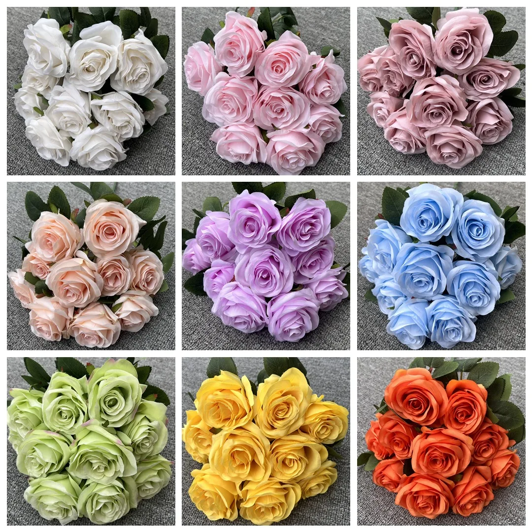 New 10 Head Rose Artificial Flowers Factory Wholesale Wedding Background Wall Fake Roses Xi Shi Mei Wedding Decoration Bundle