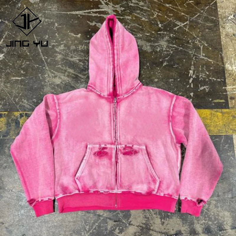 wholesale high quality blank heavyweight 500gsm sunfaded hoodie vintage distressed french terry acid wash zip up hoodie