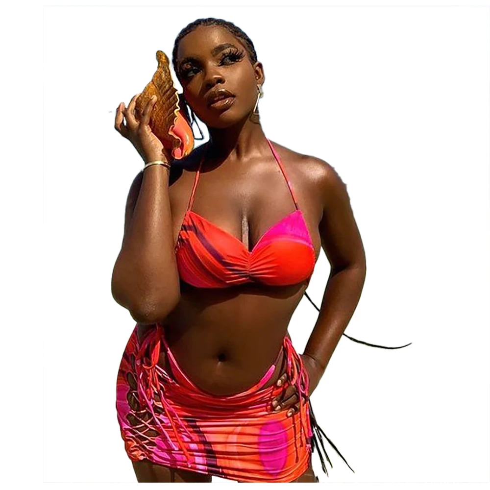 9795 Summer Gauze Fashion 3 Piece Women Long Sleeve Crop Top Skirt Set Womens Clothing Sexy Beach Wear Elegant