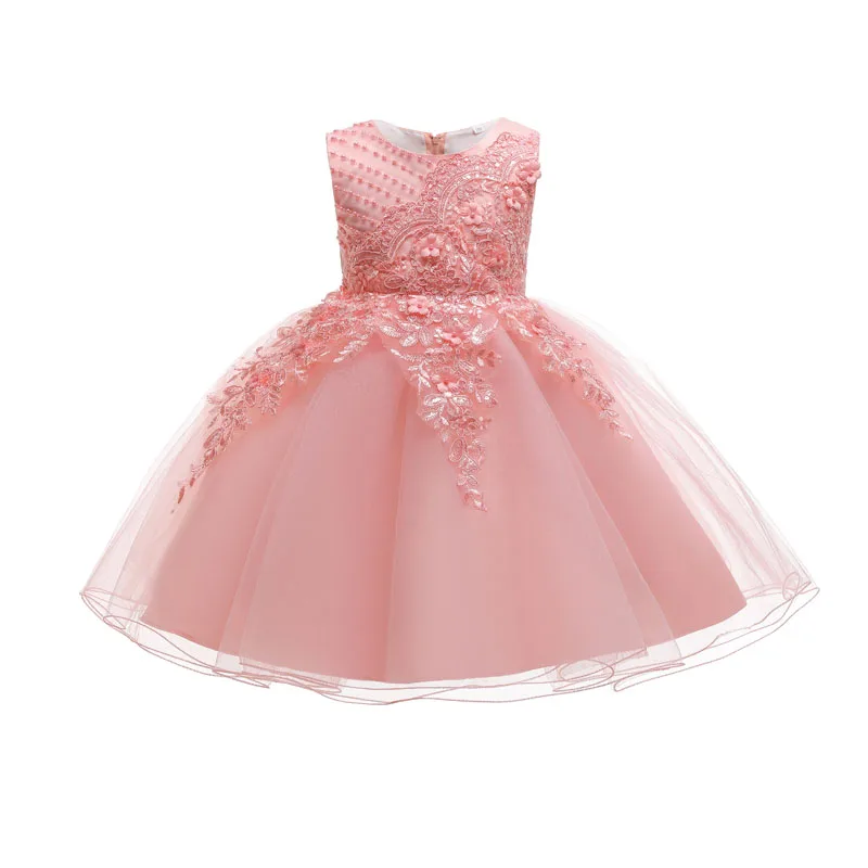Лидер продаж платье для девочки ручной работы с бусинами и цветами розовое Сетчатое без рукавов бальное дня рождения вечеринки атласная ткань вышивкой