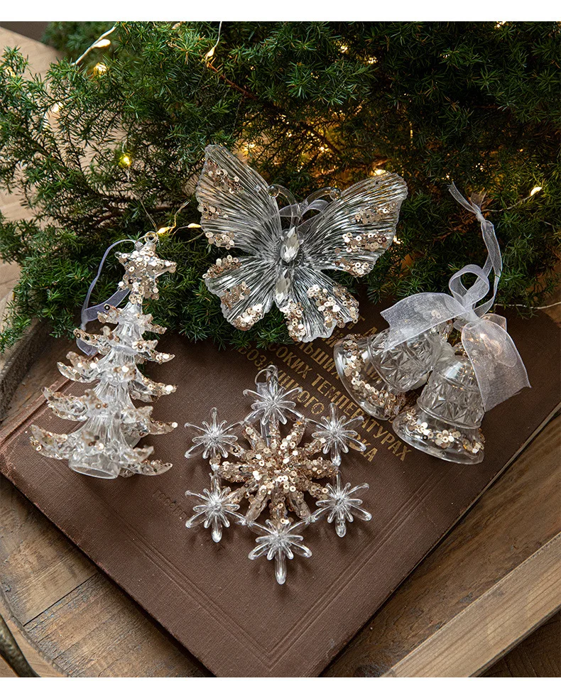 Luxury Xmas Ornament Elk Bells Angel Wings Acrylic Decoration Christmas Transparent Snowflake Pendant