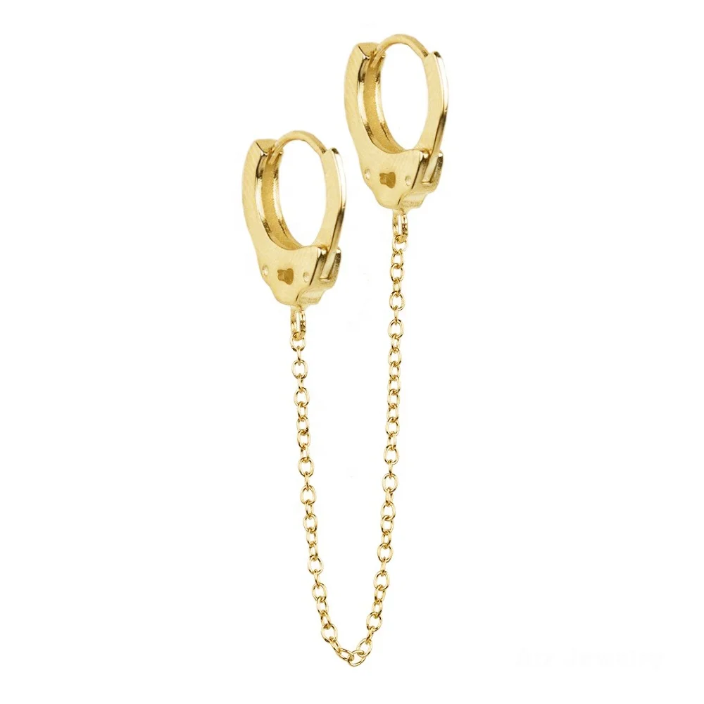 Custom Trendy 925 Sterling Silver 18K Gold Plated Dainty Jewelry Handcuffs Link Chain Double Huggie Hoop Earrings For Women