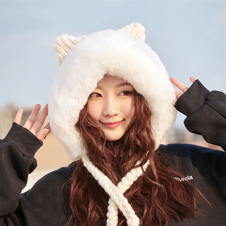 2023 Winter Warm Fur Knitted Hat Lady Outdoor Thicken Plush Fluffy Cap With Cat Ears Russian Hats for Women Girls Beanie Cap