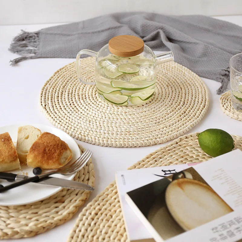 Natural Woven Corn Bran Round Tablemat Tea Cup Mat Straw Rattan Placemat Heat Insulation Coasters