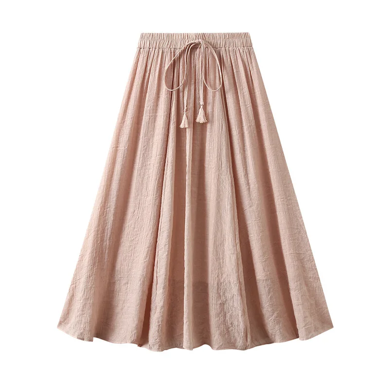 Vintage Cotton Linen double-layer Skirt for Women 2024 new Medium Long Dress Skirt