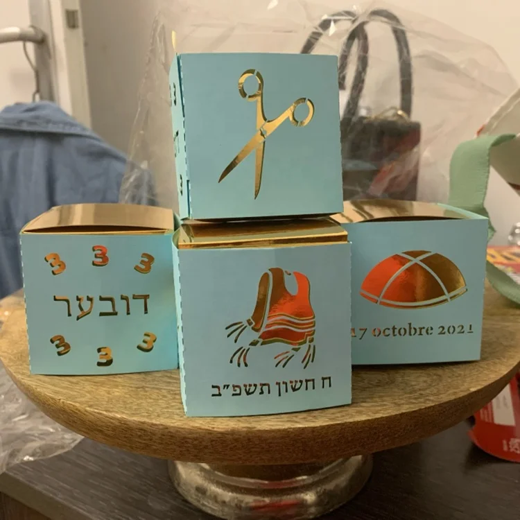 Scissor tzitzit kippah laser cut hebrew name personalized upsherin box for jewish 3 year party