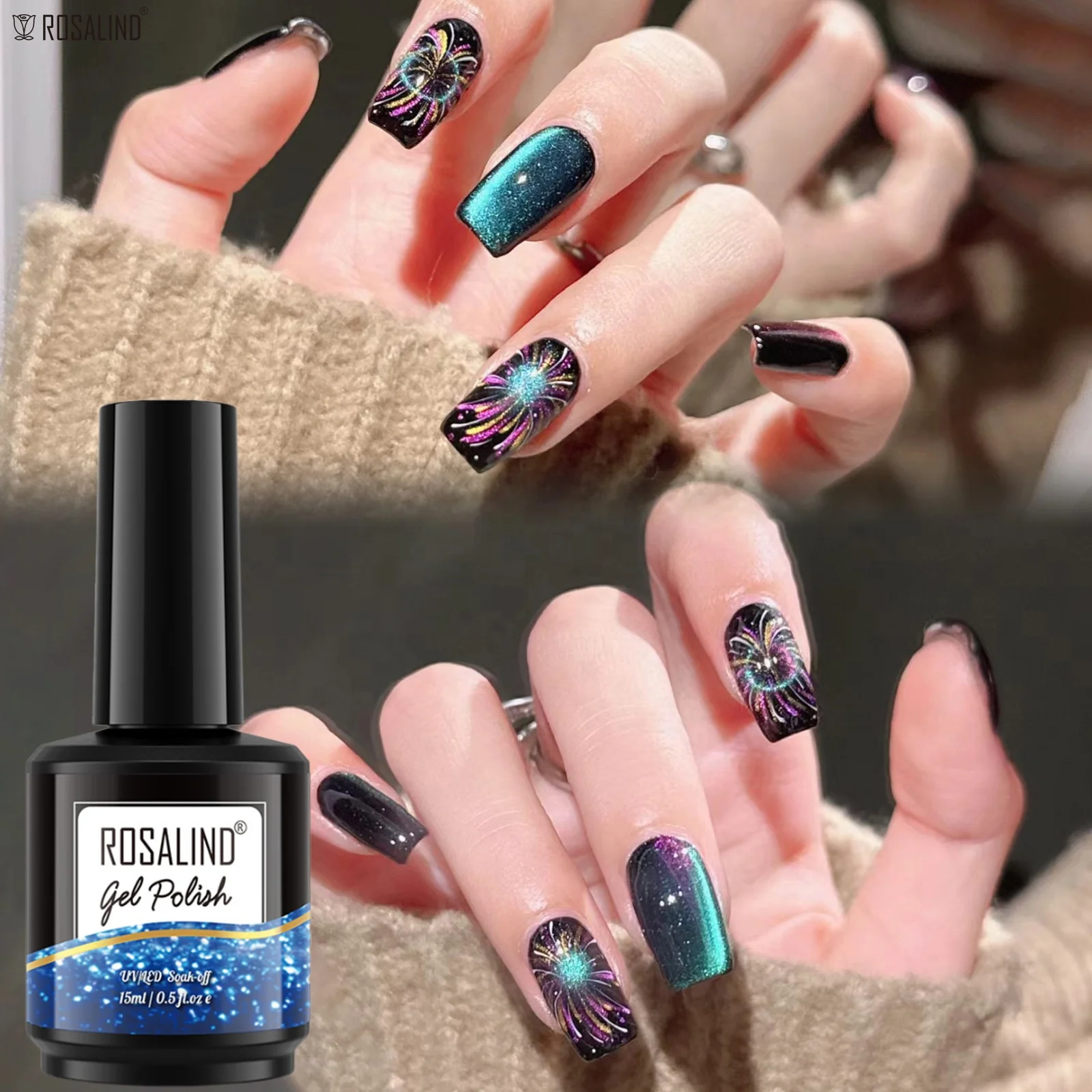 ROSALIND Gel Nail Polish Brand Manufacturer Custom Best Seller 15m Long Lasting UV Led Firework Cat eye Gel Polish Magnetic 9D